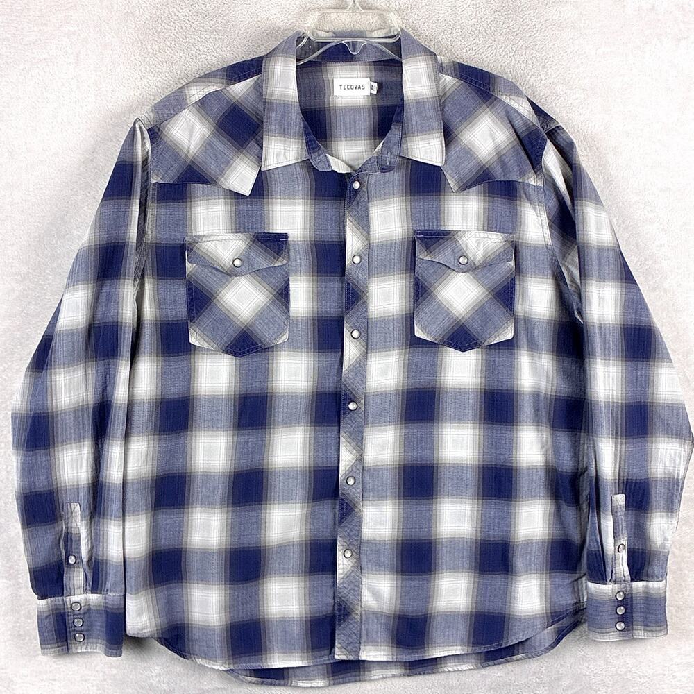 Tecovas Shirt Mens XXL White Blue Plaid Flannel Pearl Snap Western Cowboy Preppy
